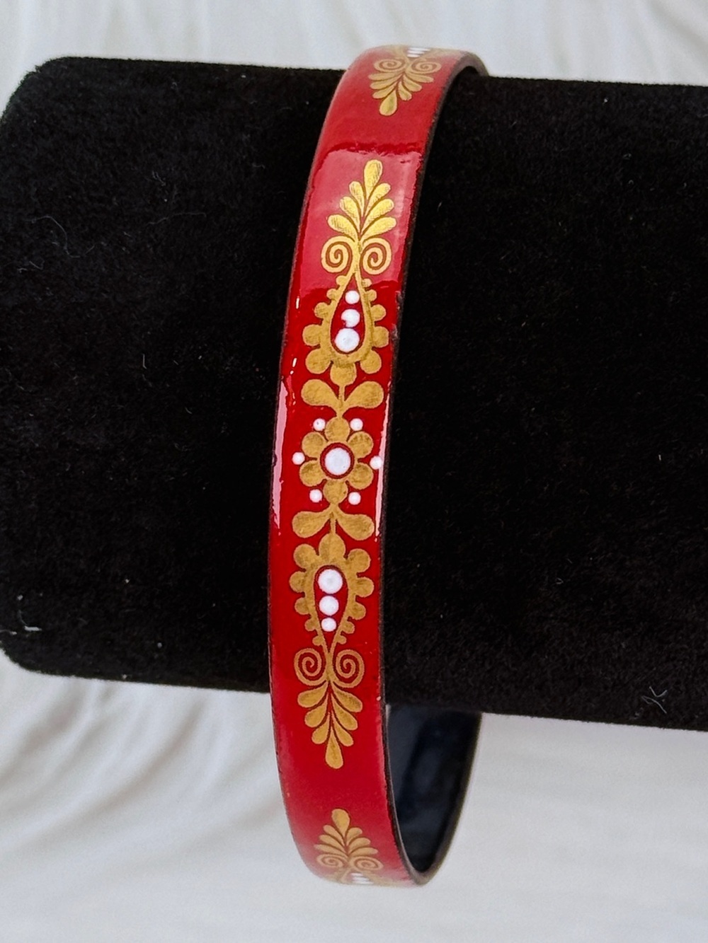 Vintage Red Gold Floral Bangle Bracelet Folk Art Botanical Boho